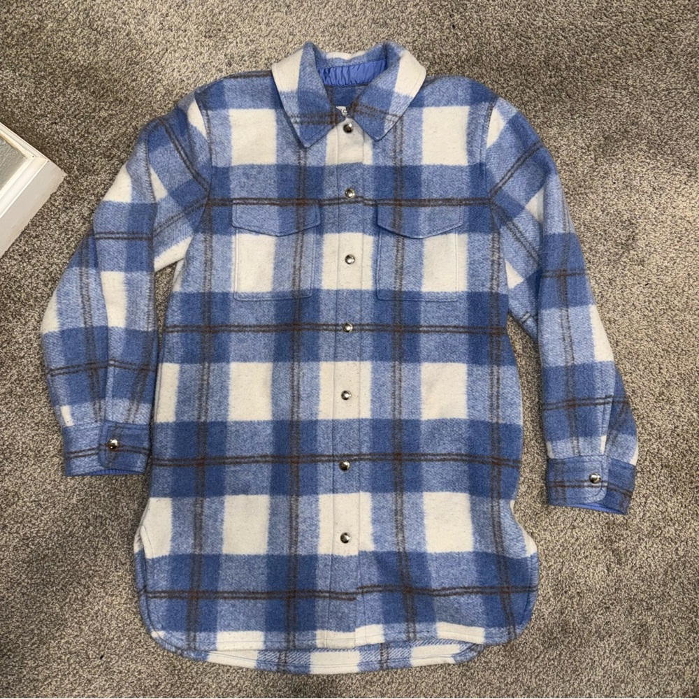 J. Crew Longline Plaid Womens Shirt Jacket Shacket Size XS Blue White Flannel